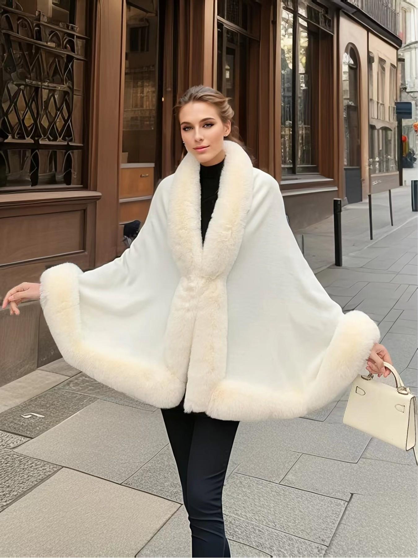 Women's Faux Fur Trim Shawl Cape, Comfortable Acrylic Knit Winter Outerwear, Perfect for Parties Weddings Evening Dresses, Elegant Gift