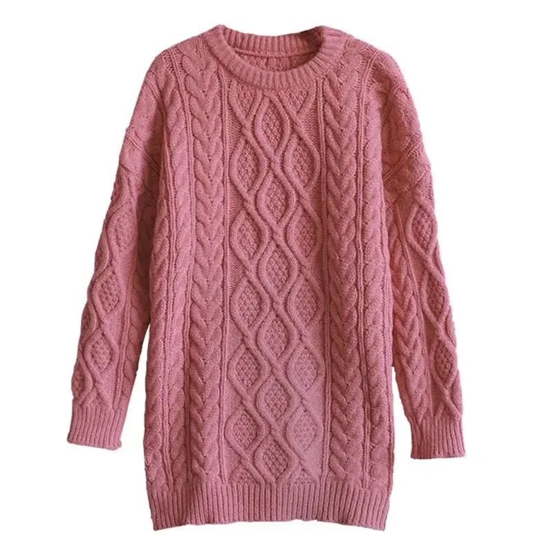 Women Chunky Cable Knit Sweater Pink Ivory Crew Neck Oversized Jumper Pullovers Autumn Winter Outfit
