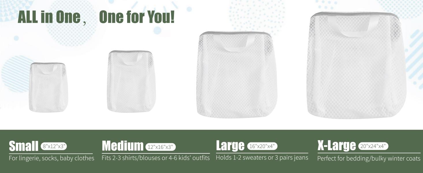 4Pcs 3D Mesh Laundry Bags with Hanging Handles (S/M/L/XL) - Durable Zippered Wash Bags for Delicates, Shoes & Bulk Clothes - Space-Saving Foldable Design