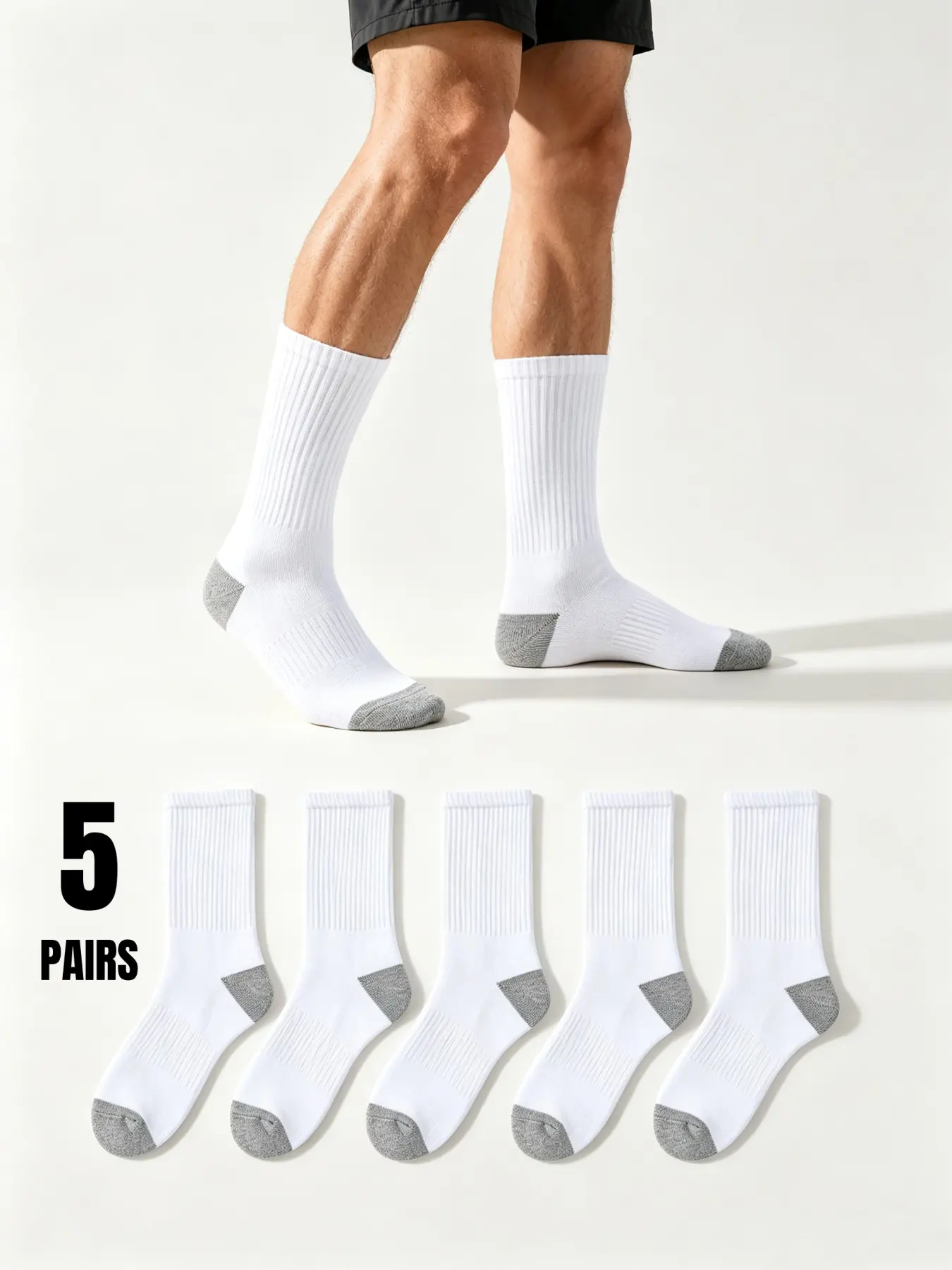 5 Pairs Men's Cotton Football Mid-Calf Sports Socks, Seamless Toe Reinforced Heel, Durable, Soft Breathable, Running Training Soccer Socks