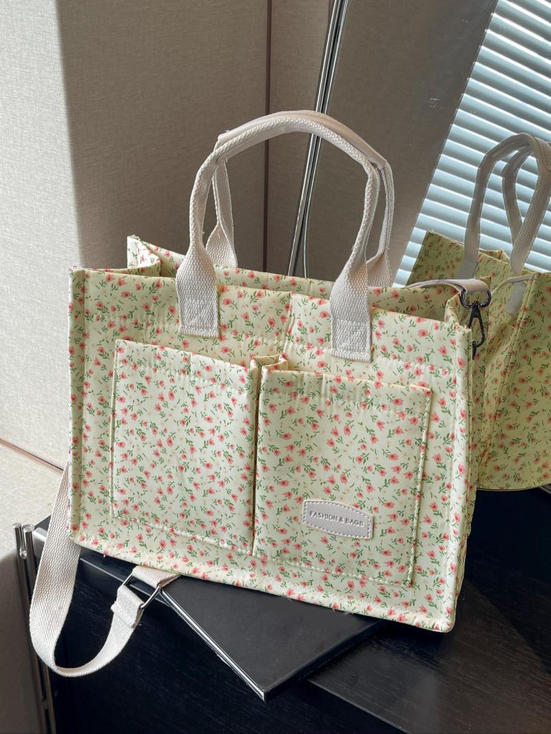 Women's Casual Minimalist Corduroy Tote Bag, Letter Patch Decor Shoulder Bag for Daily Used, Casual Trendy Versatile High-quality Daily Commuting Bag, Girl Fashionable Shopping Bag, Casual Commuter Bag