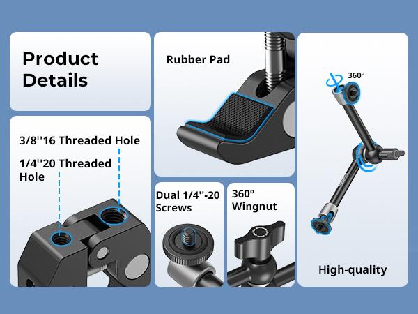 SmallRig Clamp w/ 1/4" and 3/8" Thread Holes, 9.8 Inches Adjustable Friction Power Articulating Magic Arm with Phone Holder for iphone17 Pro/MAX,Action Cameras, Smartphones, LCD Monitor/LED Lights - 5326