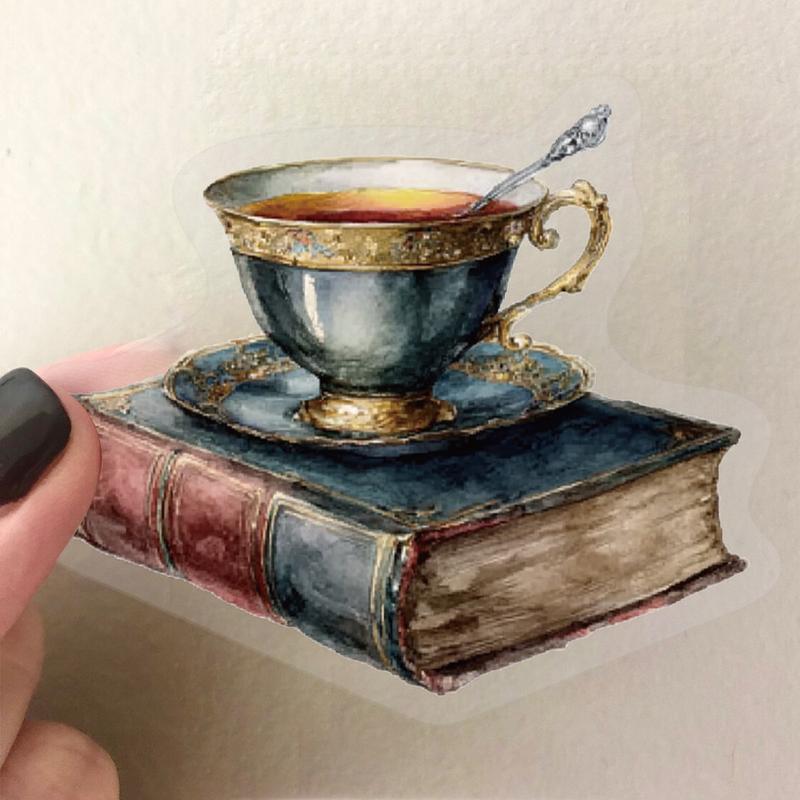 50pcs Retro Artistic Coffee Watercolor Tea Cup Old Book Floral Transparent PET Material Graffiti Stickers Suitable for Suitcases, Phone Cases, Laptops, Helmets, Skateboards Waterproof Decoration DIY Creative Stickers