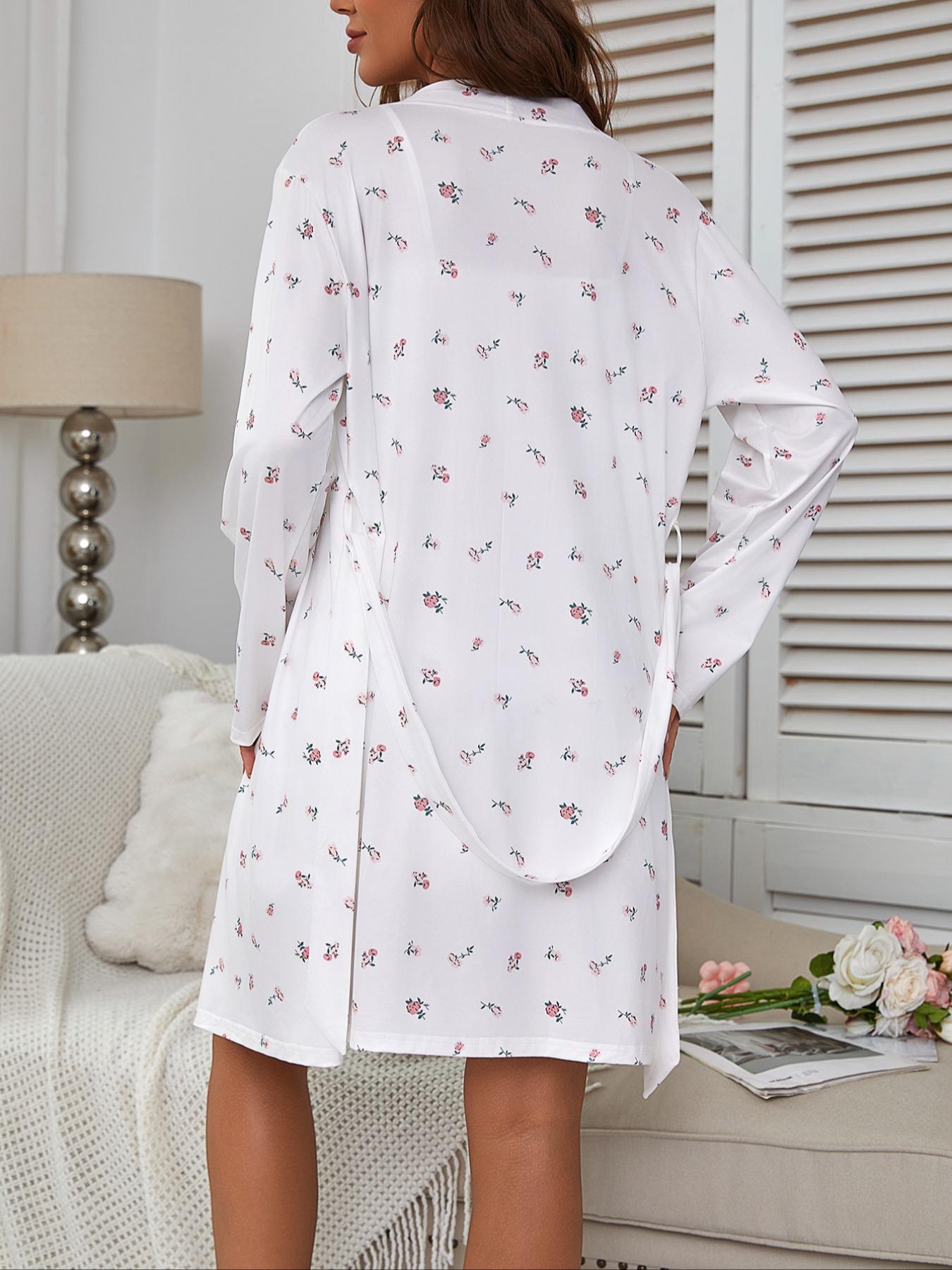 Women's Floral Print Robe Set with Lace Strap Dress, Elegant Comfortable Sleepwear, Fashion Sleepwear, Casual Home Wear, All Seasons, Fitted Style