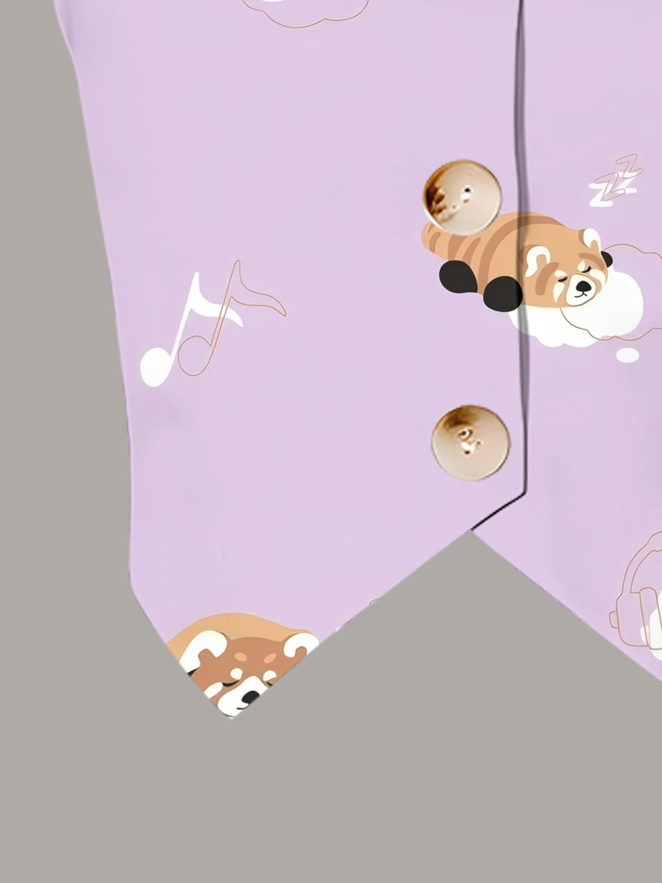 Spring & Fall Casual Set, Light Panda Note V-Neck Vest + Elastic Waist Wide Leg Pants Two-Piece Suit, Sleeveless, Natural Waist