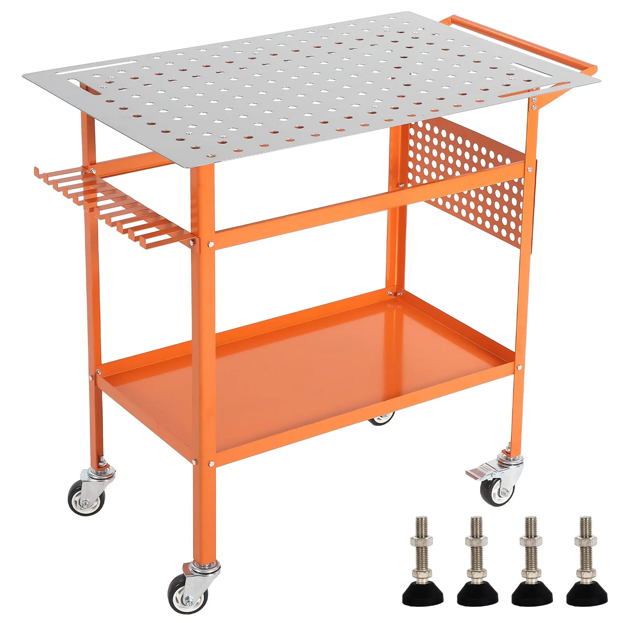 Heavy-Duty Carbon Steel Welding Table – 800 lbs Mobile Workbench with Pegboard, Storage Tray, Hooks & 5/8" Fixture Holes – 4 Locking Casters, 36"/40" x 24"