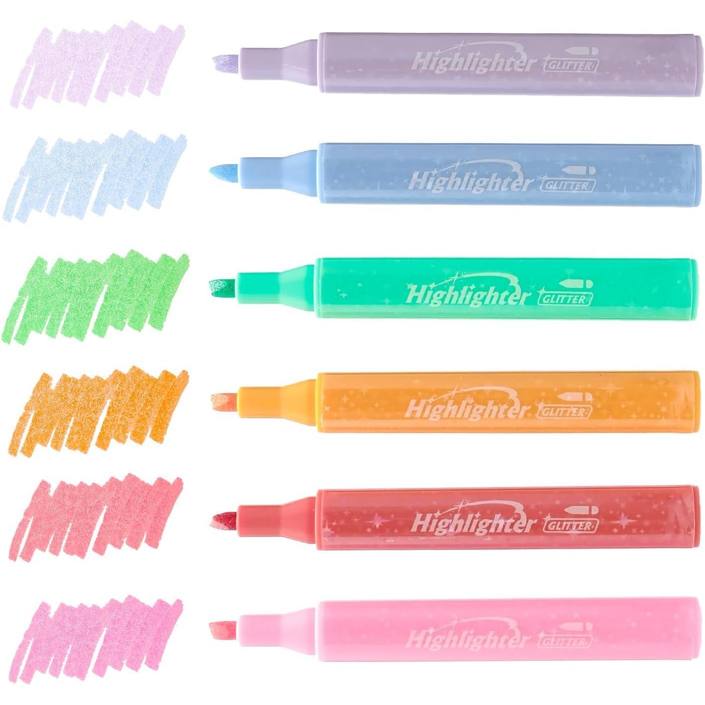 Glitter Highlighters - 6-Color, Chisel Tip, Sparkle Effect, No Bleed, Quick Dry, Office Writing & Correction Tools (2 Double Packs), Highlighting
