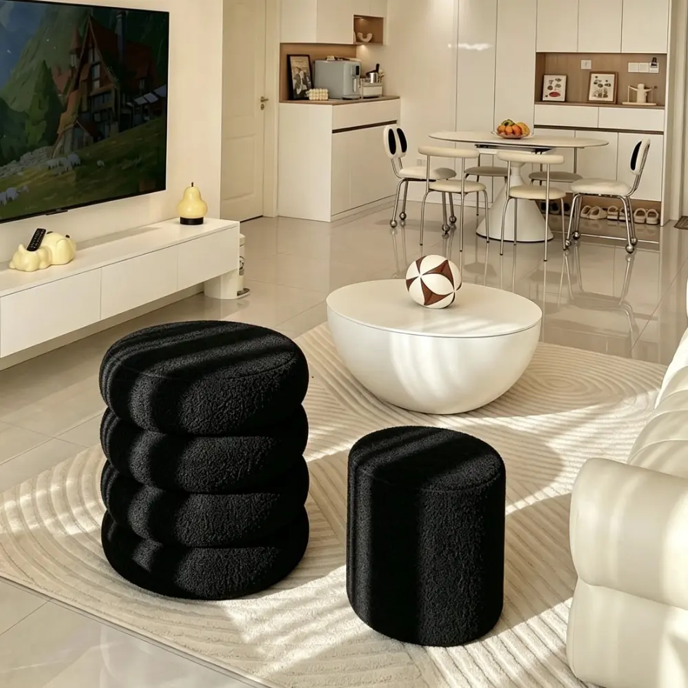 2-Piece Black Boucle Round Storage Ottoman Set with Removable Lid - Commercial/Office Furniture, Vanity Stool, Foot Rest, Hidden Storage Bench, Home Decor Accent Piece for Living Room