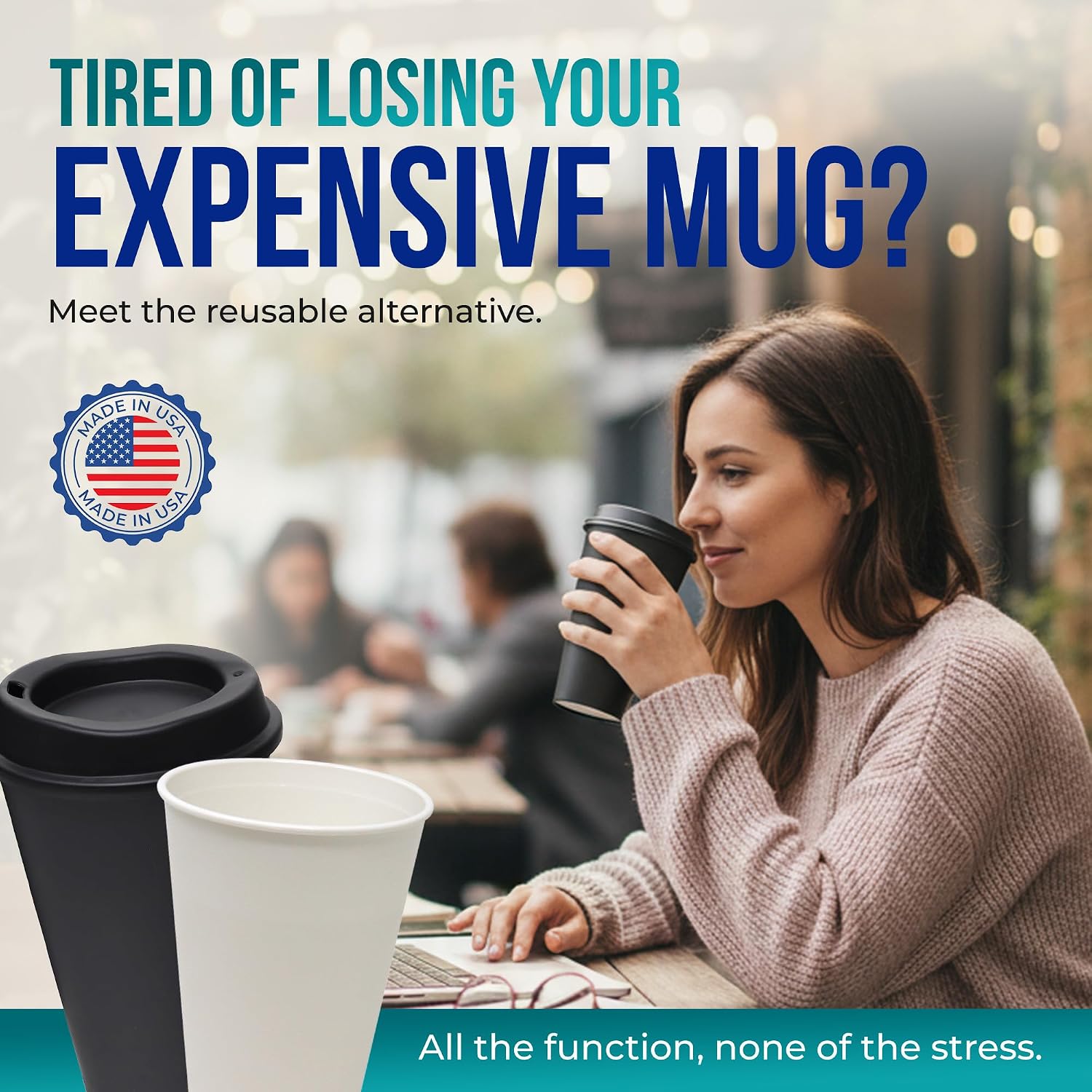 Made 16 oz  Coffee Cups with  2 Pk, To Go Travel Cups, Hot or Cold Drinks, Dishwasher and Microwave Safe,