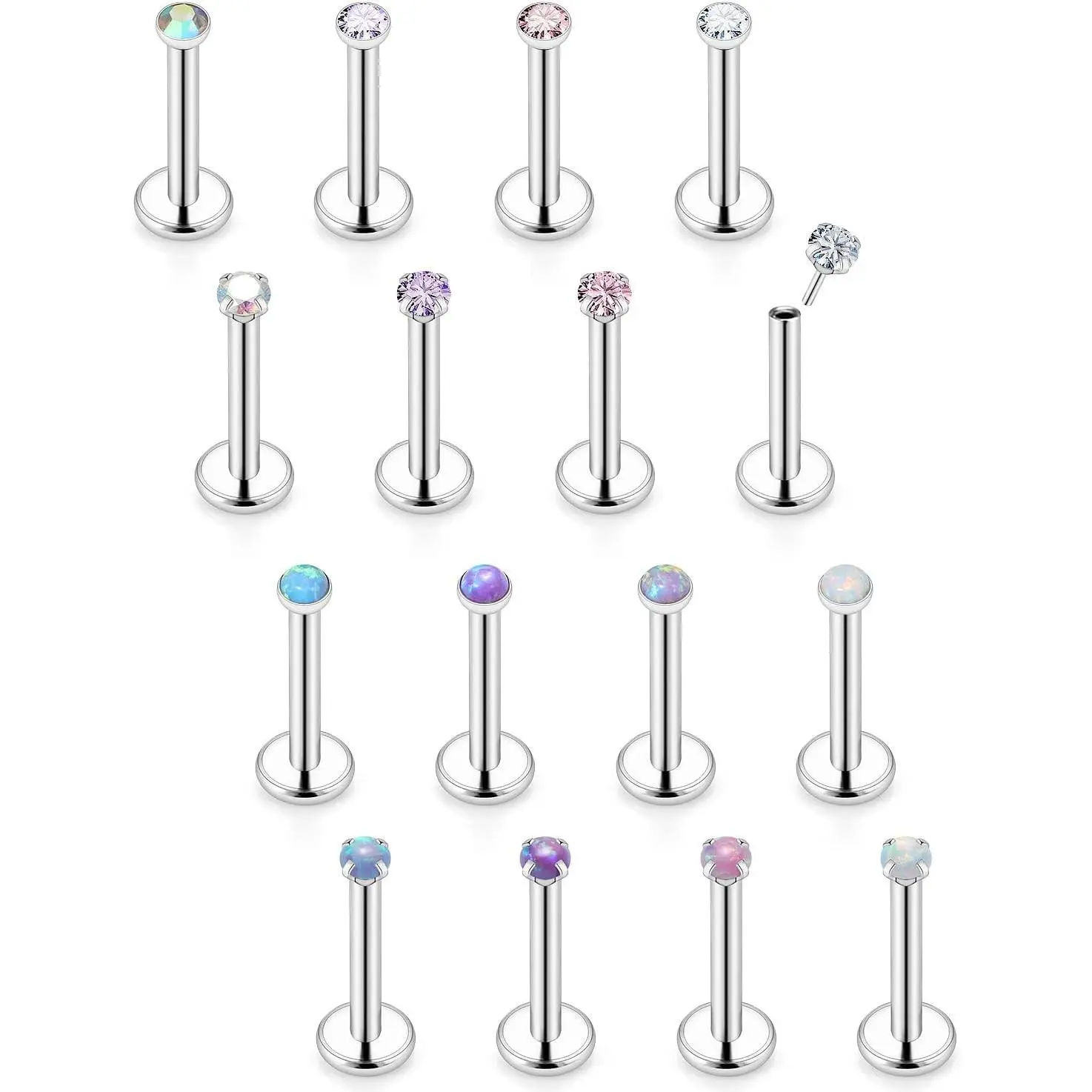 16G 18G 20G Threadless Push in Lip Rings Stainless Steel Flat Back Nose Rings Studs Tragus Helix Conch Cartilage Lobe Earrings Stud Piercing Jewelry for Women Men Opal CZ Silver 16PCS