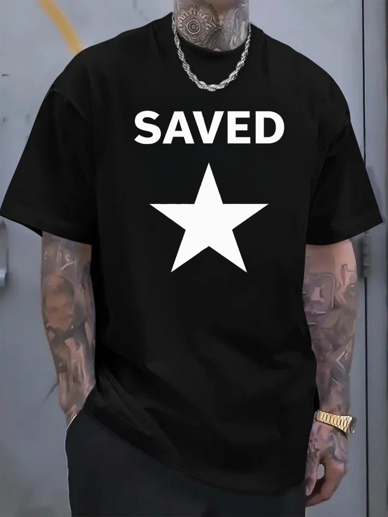 Men's T-shirt SAVED with white star print pattern, trendy short-sleeved casual street wear, versatile top for daily use