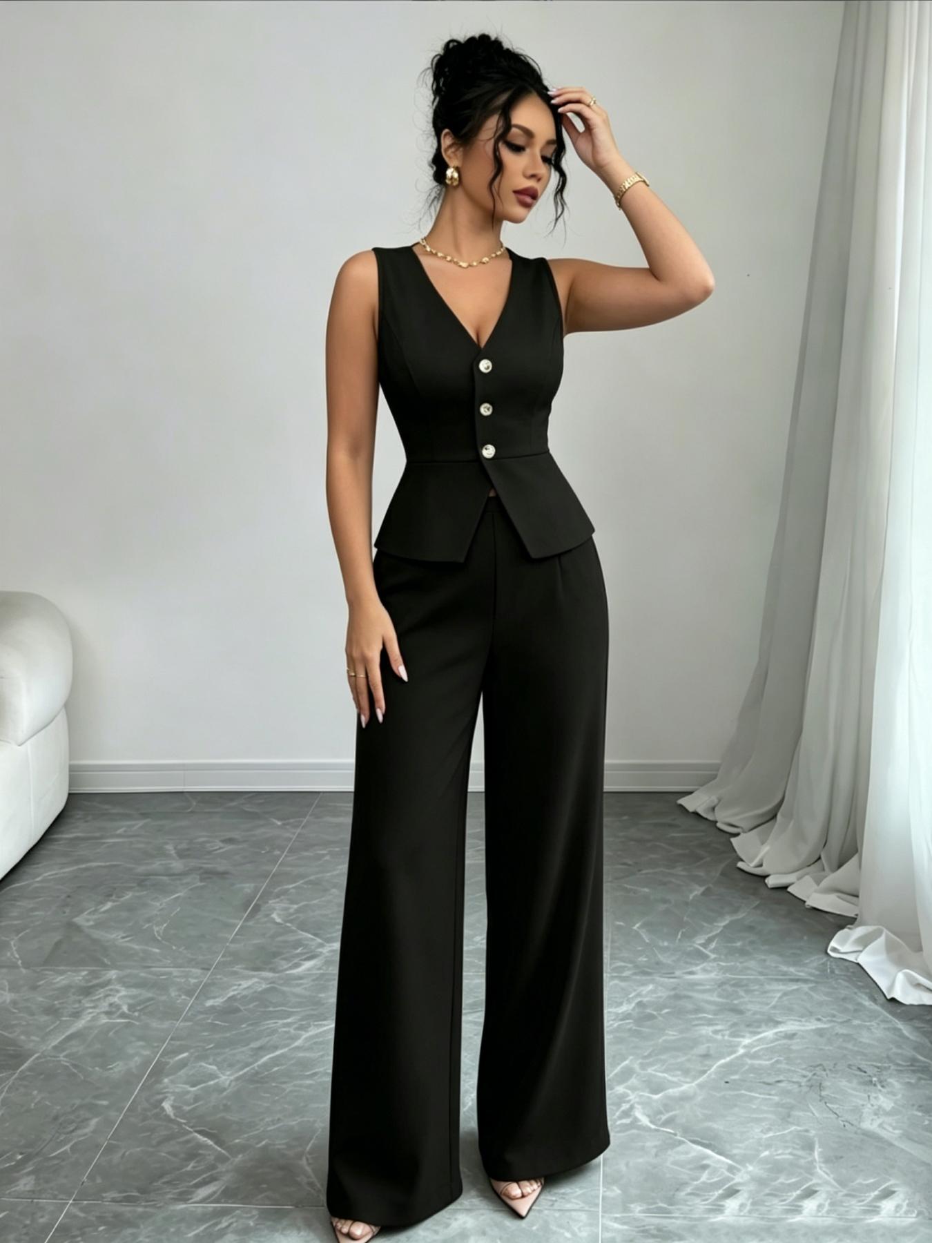 YYT1 A women's Chic Sleeveless Vneck luxury waist cinched Fitted suit vest set, Pants Top Set, same color scheme, suitable commuting, shopping, outdoor activities, Fitted clothing set