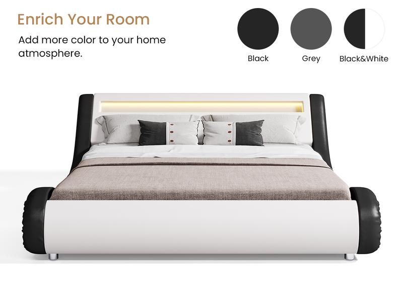 SHA CERLIN Deluxe LED Bed Frame with PU Leather Upholstered Adjustable Headboard,Modern Low Profile Sleigh Design,Heavy Duty Wood Slat Support,No Box Spring Needed,Full/Queen/King Size#ChristmasGifts#TikTokShopBlackFriday