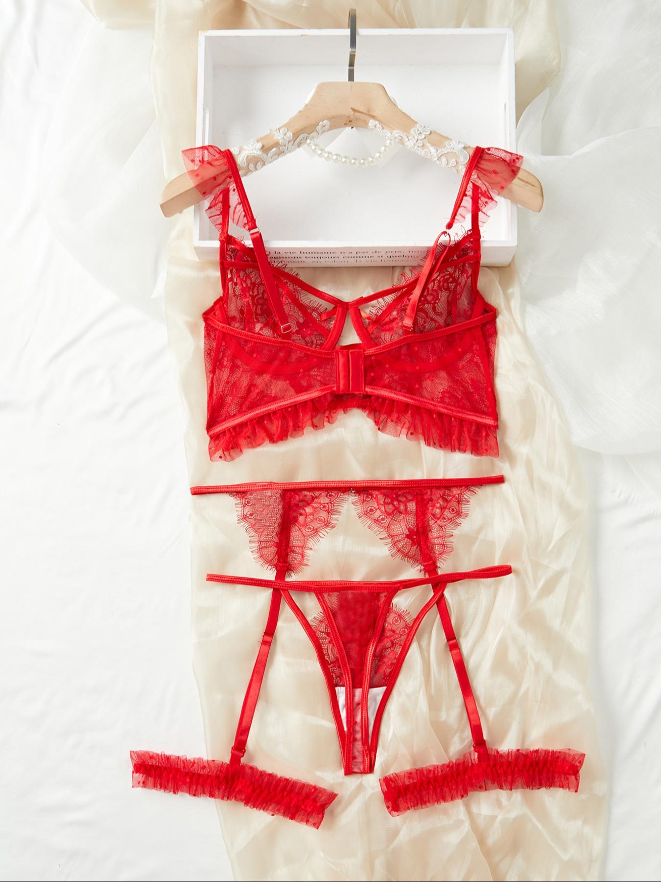 Christmas Midnight Floral Embroidered Lace Soft Comfy Lingerie Set, Adjustable Bra & Thigh Straps, Comfortable Women's Underwear, Multi-Color