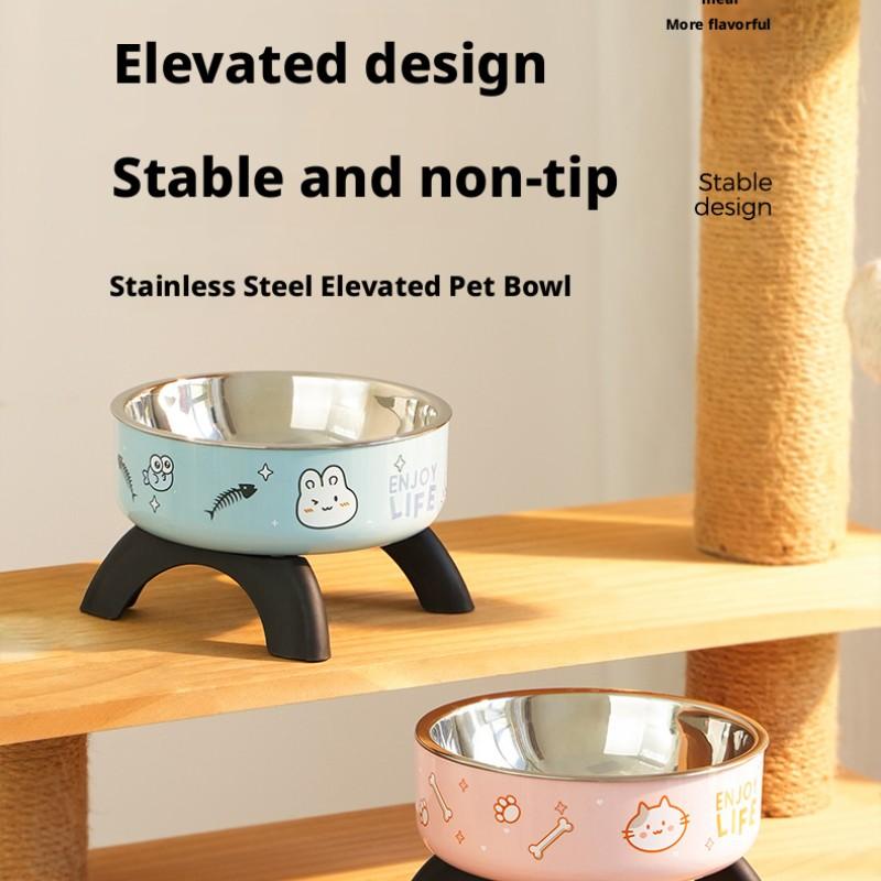 Cat High-Heeled Bowl Neck Protection, Pet Stainless Steel Bowl, Anti-Slip Non-Tip Dog Bowl, Durable Feeding Dish for Pets
