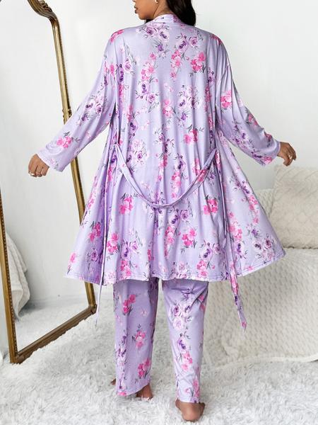 【Plus Size】 Floral Print Lounge Robe & Cami Top & Pants Pyjama Set, Casual Comfy Loungewear Set for Women, Women's Sleepwear for Spring & Fall, Soft Pajamas