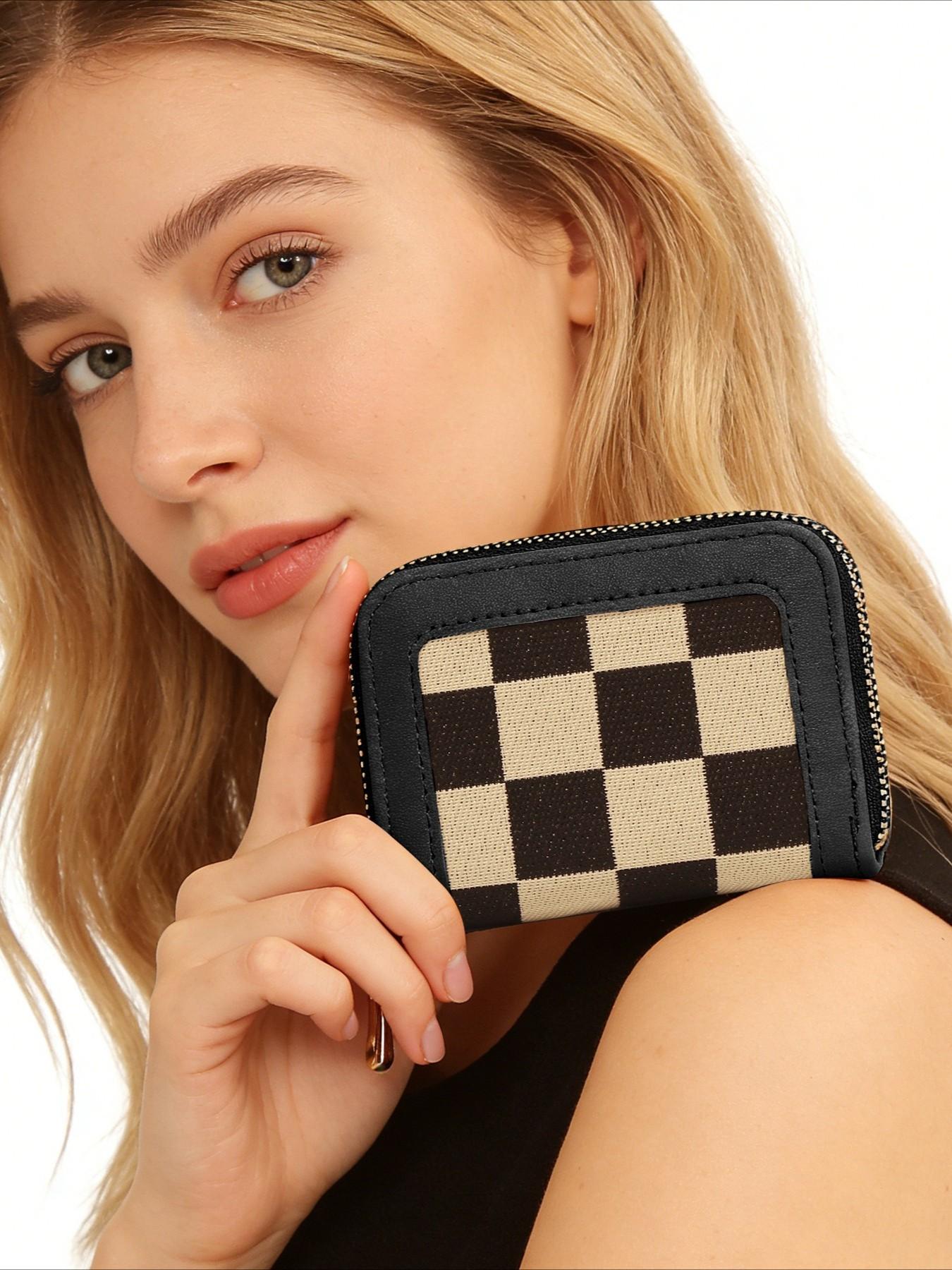Checkered Color Block Women's Wallet, Large Capacity, High-End Two-Fold Multi-Card Slot, Coin Purse, Fashionable Ladies' Accessory