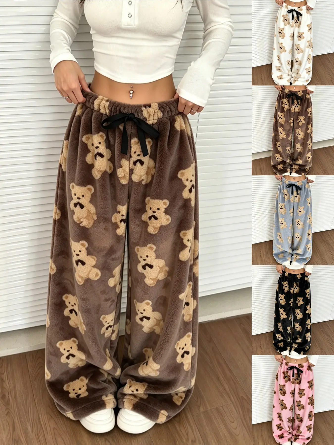 Bear Print Home Pants, Fuzzy Drawstring Wide Leg Soft Warm, Cozy Sleepwear for Women, Fall Winter Lazy Skin-Friendly Pajama, 1 Piece