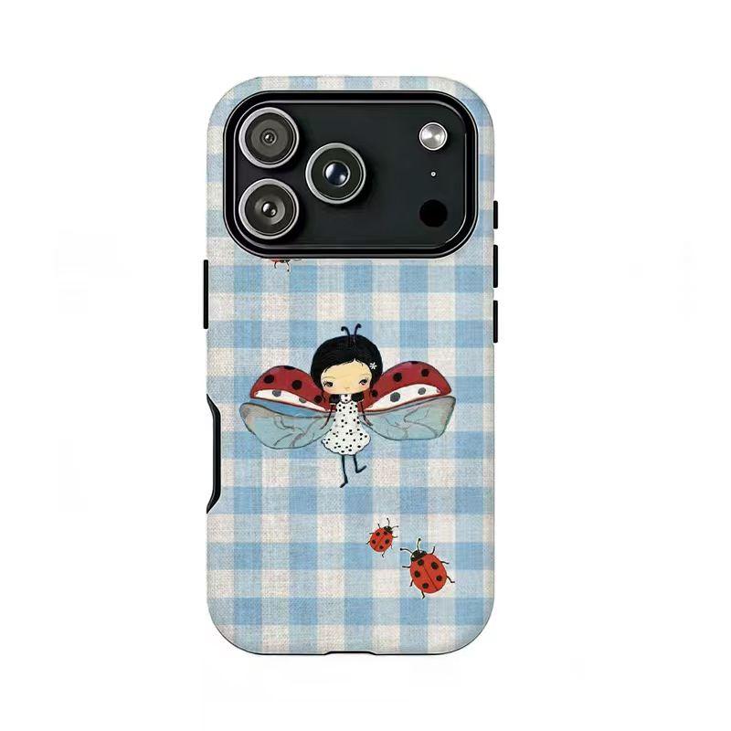 Cottagecore Ladybug Phone Case | Gingham & Stripes Aesthetic ,Compatible for iPhone 16 15 14 13 12 11 17Pro Max,for Samsung S25 S24 S23 S22 Ultra,Durable Dual-Layer design phone cover,Perfect Gift for Her