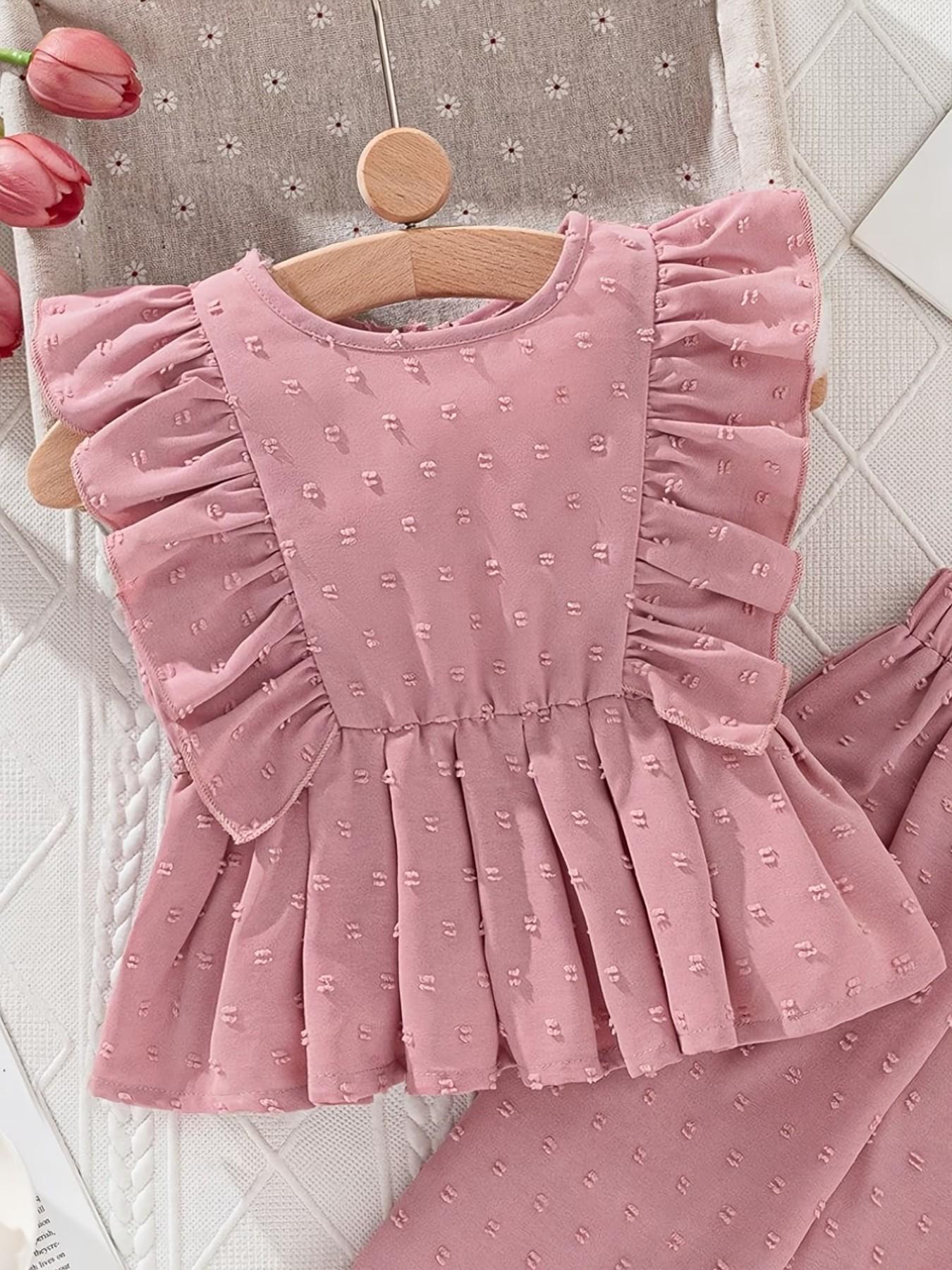 Trendy Dusty Swiss Dot Kids Set, Ruffle Peplum Top & Wide Leg Pants, Princess Style Fashion for Little Girls, All Seasons