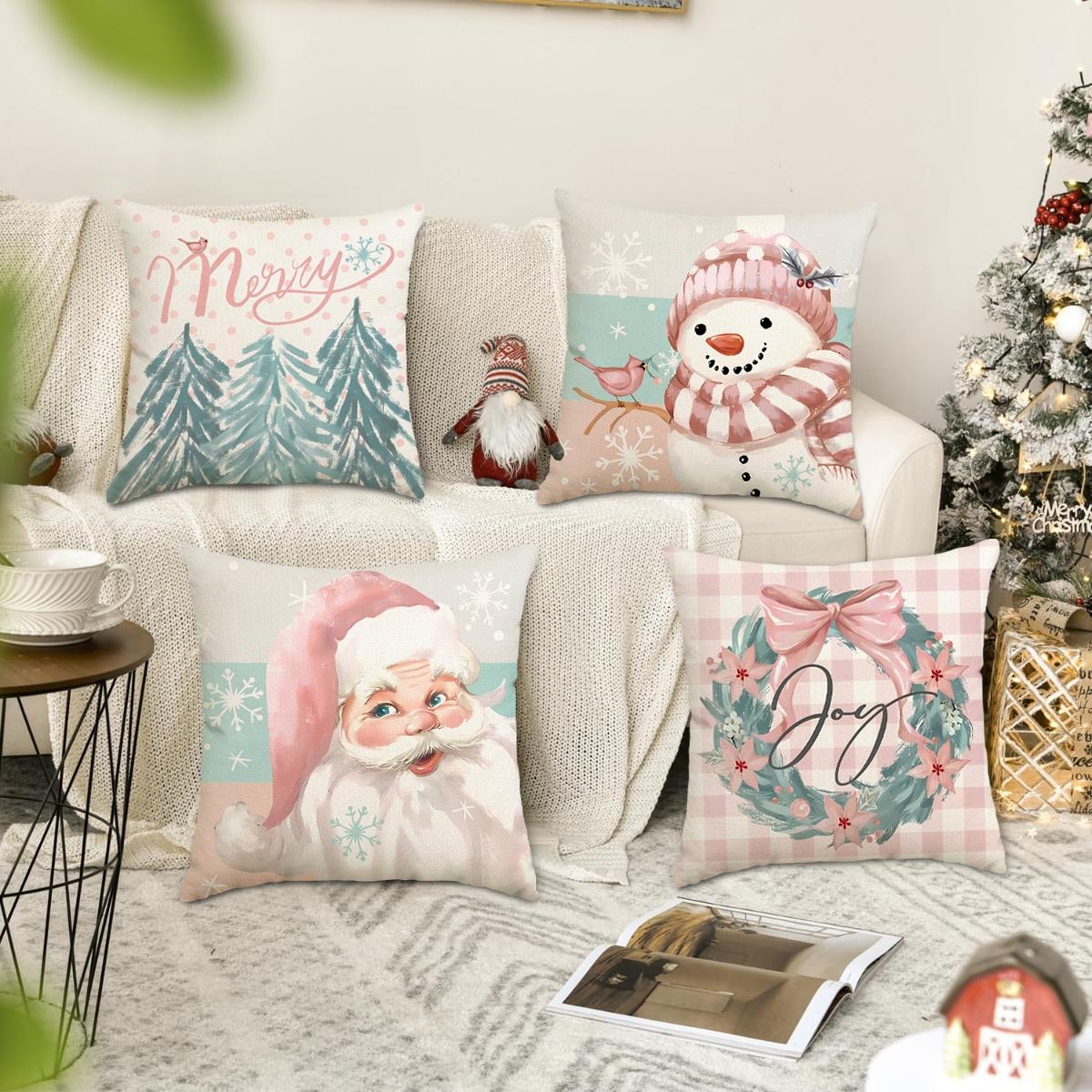 4pcs Christmas Pillow Cover, Santa Claus, Christmas Tree Snowman Pattern Single sided Printed Cushion Cover, Suitable for Christmas Bedroom, Living Room, Sofa, Farmhouse, Bed, Car Decoration Cushion Pillow Cover (No Pillow Core)