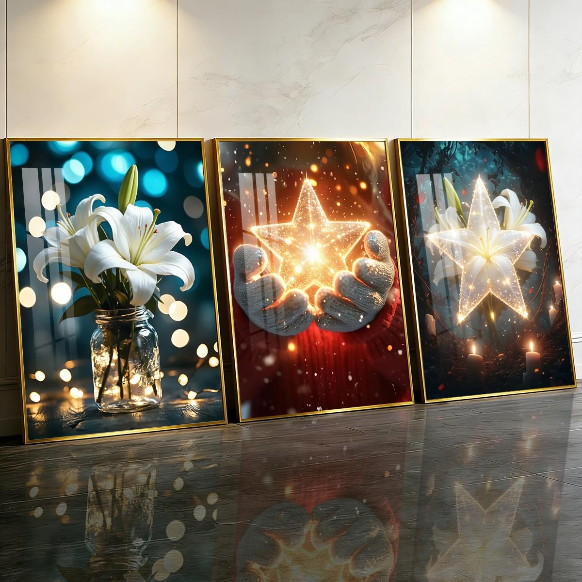 3 Counts Aluminum Alloy Framed Painting, White Lily And Glowing Star Art Pictures, Home Decoration For Living Room, Bedroom, Office, Restaurant, Hallway Wall Decor, Odorless Print Artwork, Luxury Perfect Gift For Friends And Family