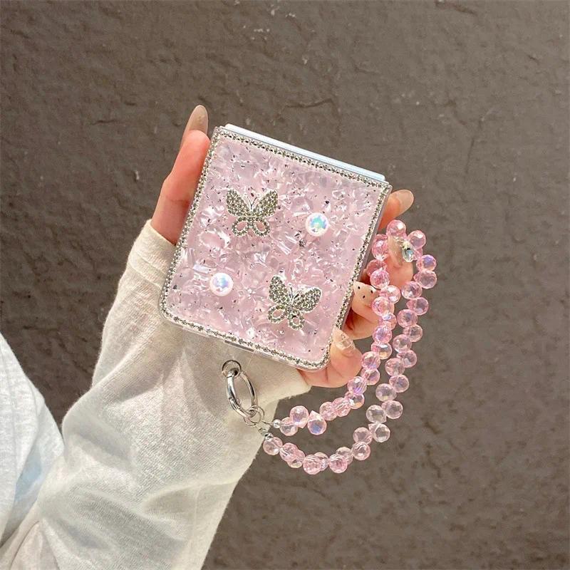 Luxury 3D Butterfly Diamond Shell Pattern Phone Case For Samsung Galaxy Z Flip 3 4 5 6 7 FE With Wrist Chain Shockproof Cover