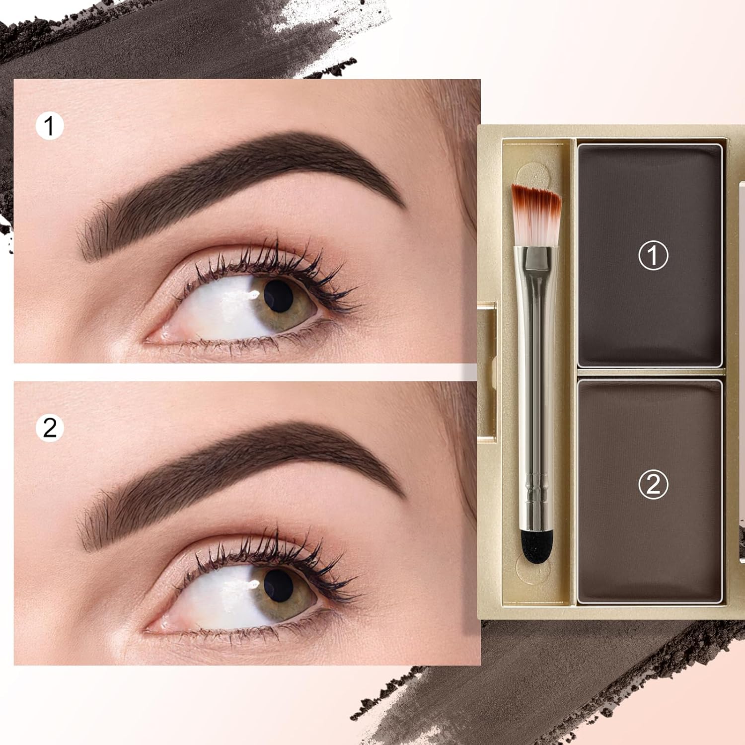2 Color Waterproof Eyebrow Powder Palette with Built-in Mirror & Double Ended Brow Brush, Natural Buildable Brow Filler Definer, Multi-use Contour Eyeshadow Hairline Makeup Kit