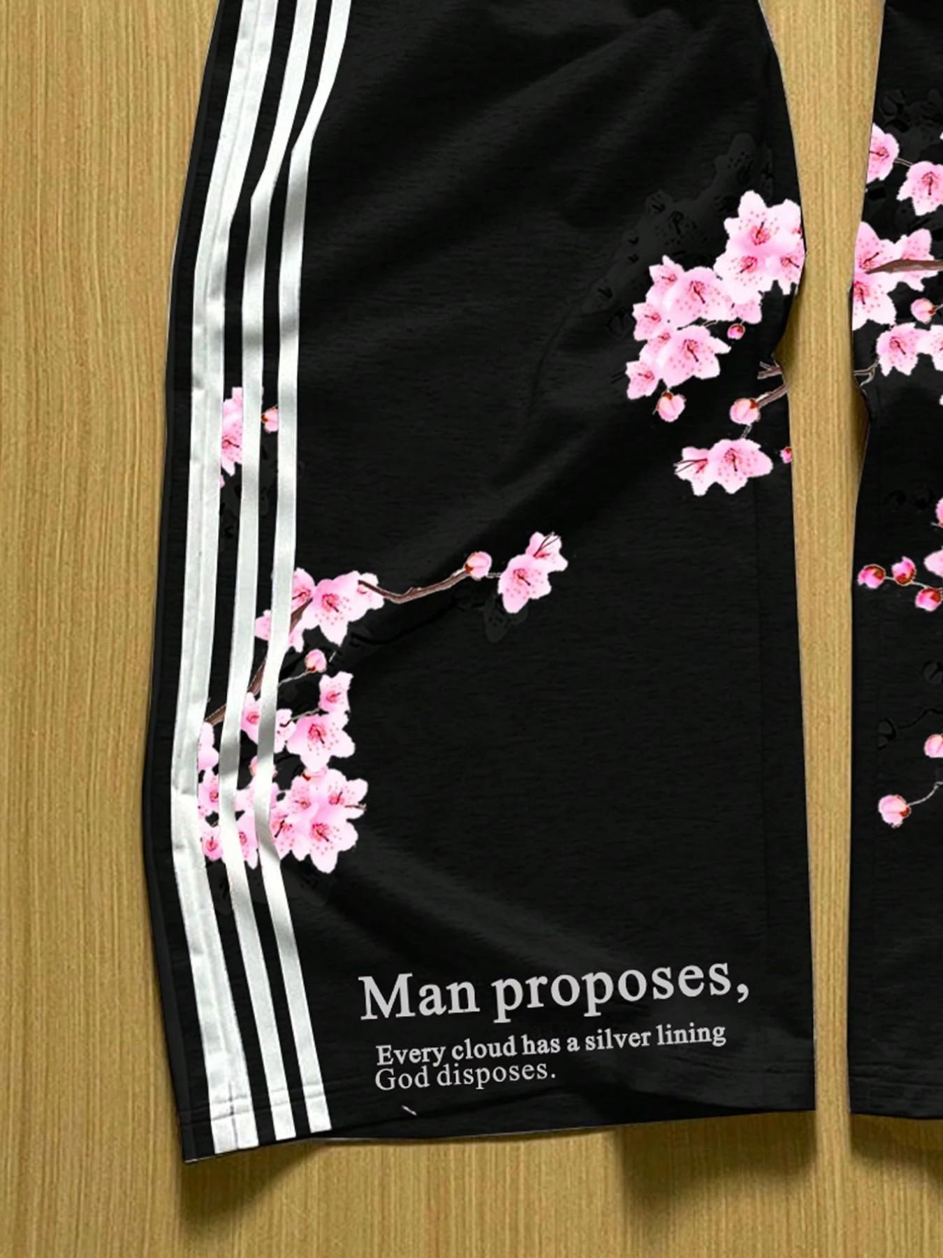 Women's Baggy Black Sweatpants Cherry Blossom Sakura Print Sporty Side Stripe Wide Leg Joggers High Waist Drawstring Y2K Streetwear Trousers
