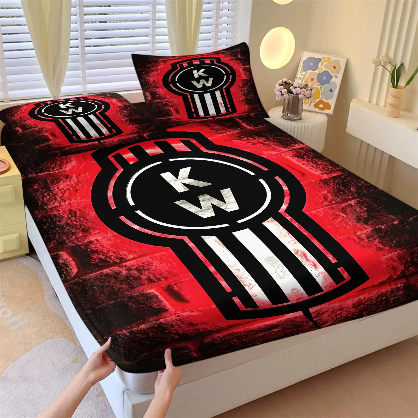 3PCS Red Heavy Duty Truck Print Fitted Sheet Set, 1 Fitted Sheet & 2 Pillowcase No Filling,KW Letter Bedding Set, Elastic Deep Pocket, Wrinkle,Cool Urban Trendy Bedroom Decor,Stretchy Washable,All Season Use Gift for Teens