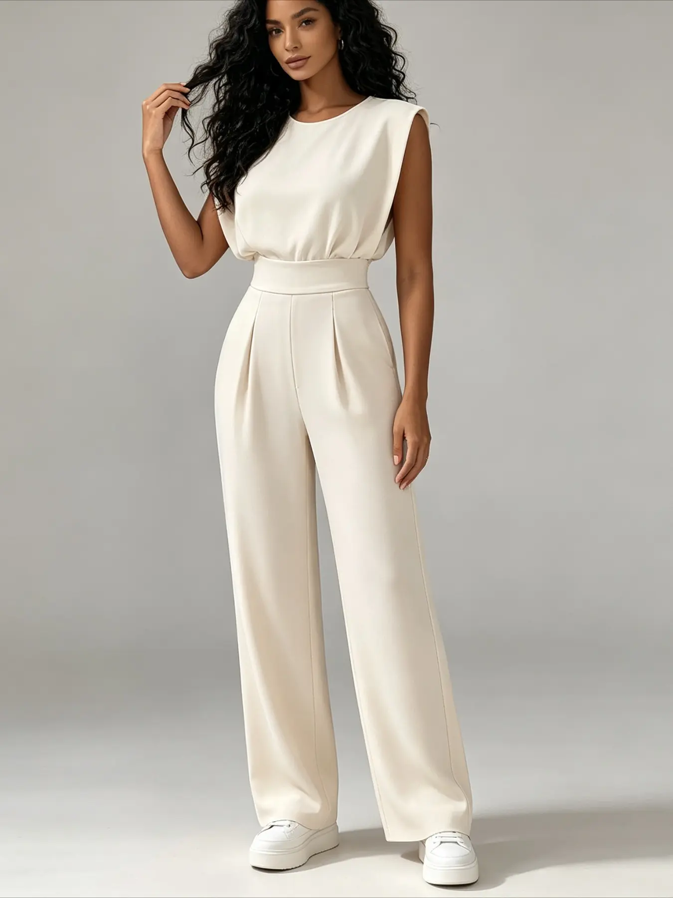 Womens Solid V Neck Sleeveless Work Jumpsuit Waist Tie Wide Leg With Pockets Slim Outfit For Pet Hospital Clinic Staff Daily Commute
