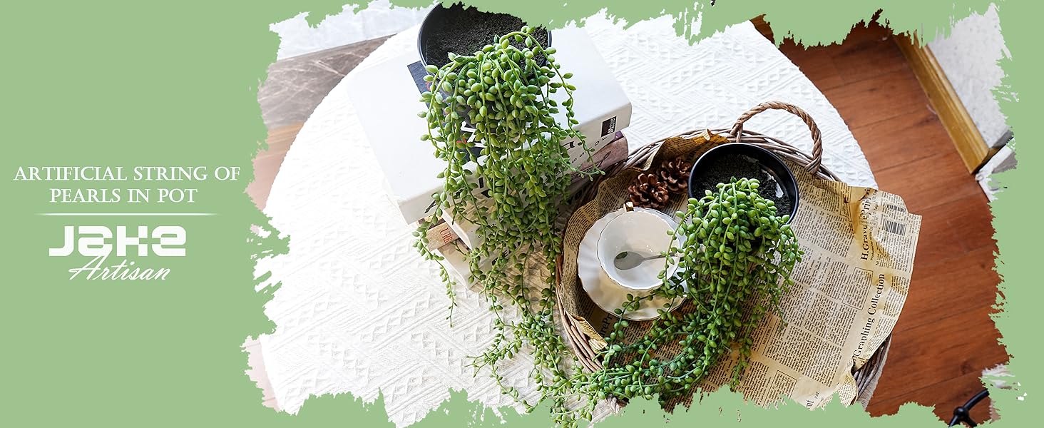 Jahe String of Pearls Artificial Plants Indoor, Beaded Plant Fake Vines, Succulents Plants Artificial in Black Pots , Trailing Faux Plant for Living Room Bathroom Accessories Farmhouse Wall Decor
