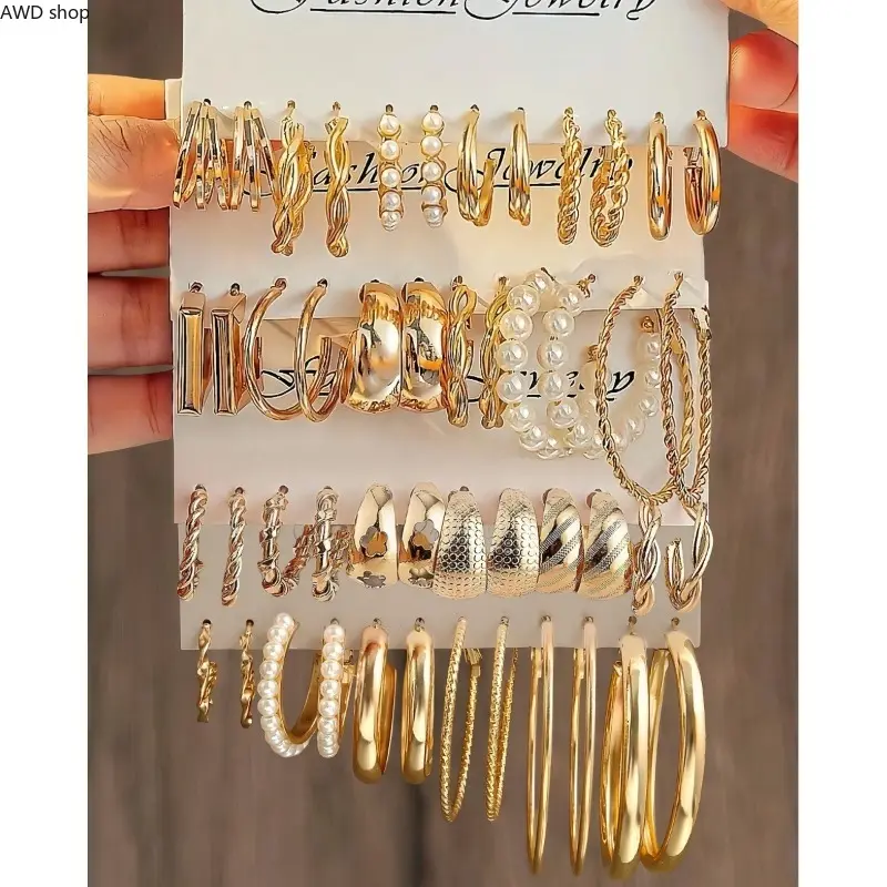 Twisted Square Geometric Hoop Earring Set, Classic Metal Faux Pearl Multipack Earrings, Trendy Mixed‑Style Ear Jewelry for Women, Dainty Versatile Accessories for Daily Wear, Dating, Party & Gift‑Giving