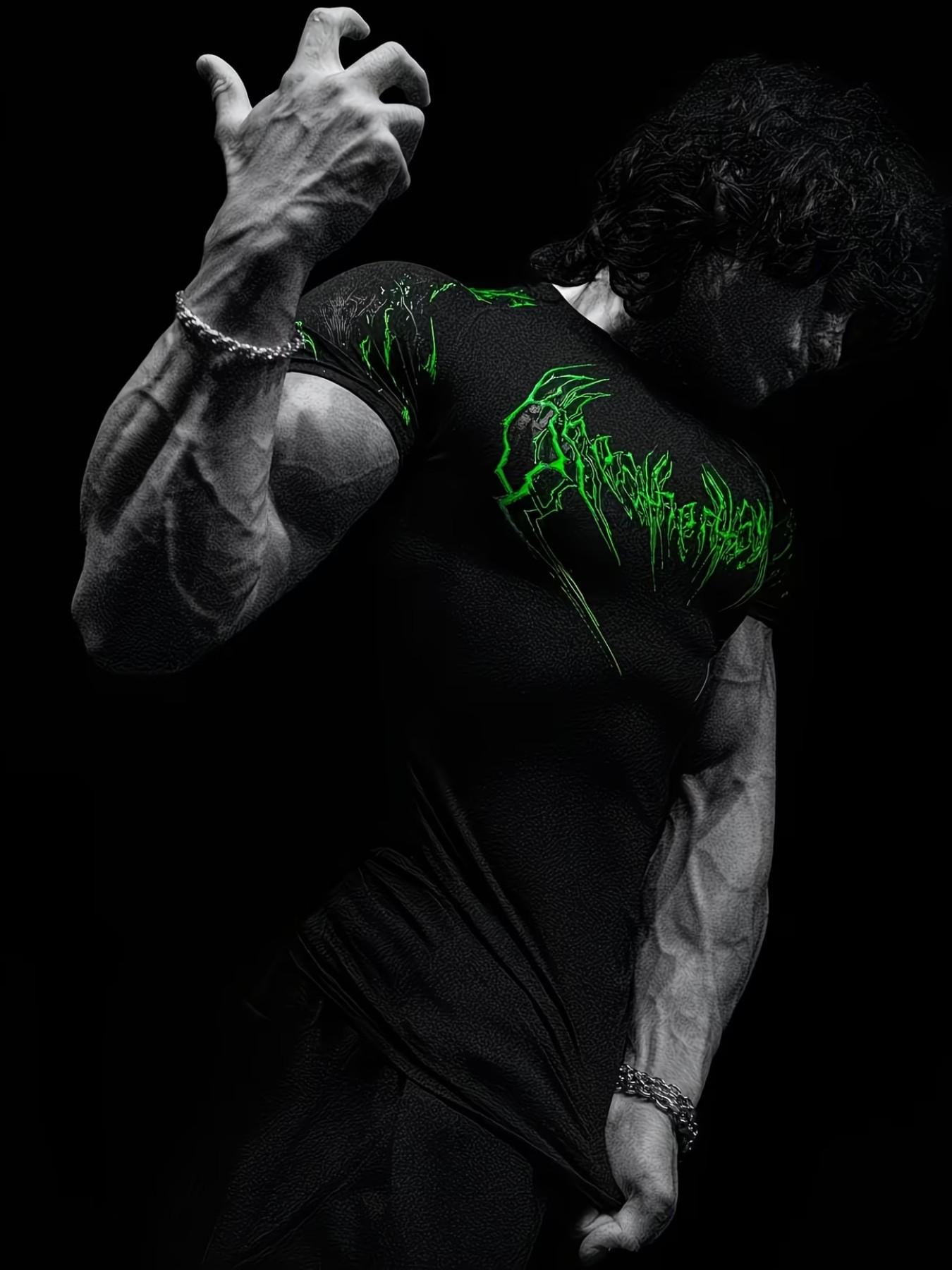 Men's High Elastic Quick-Dry Flame Print Sport T-Shirt, Slim Fit Breathable Short Sleeve, Muscle Training Running Workout Top