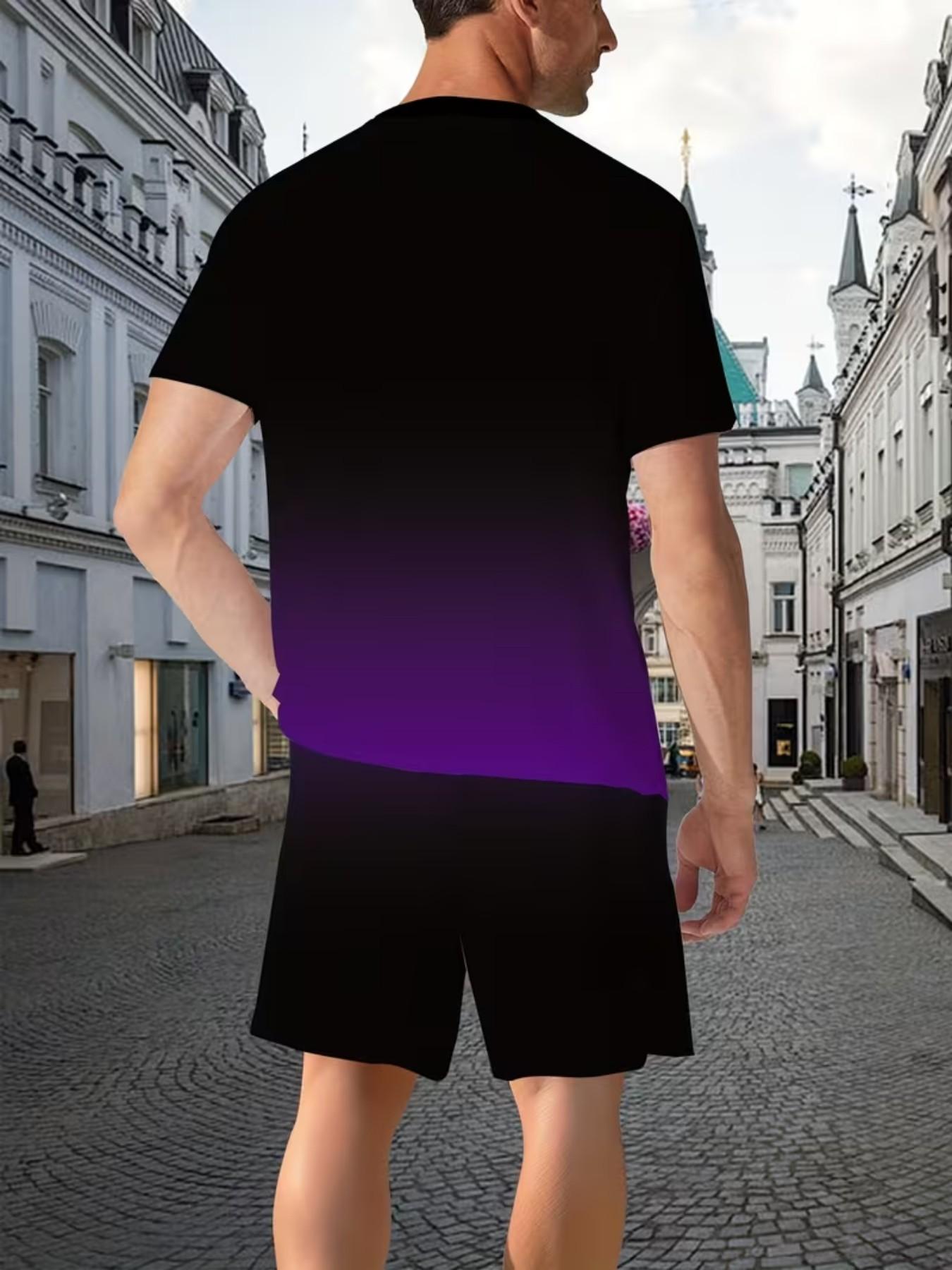 Men's Gradient Fitness Short Sleeve Set, Summer Trendy Sportswear Casual Two-Piece, Fitted Tee and Shorts, Regular Length Men's Gradient Fitness Short Sleeve Set, Summer Trendy Sportswear Casual Two-Piece, Fitted Tee and Shorts, Regular Length