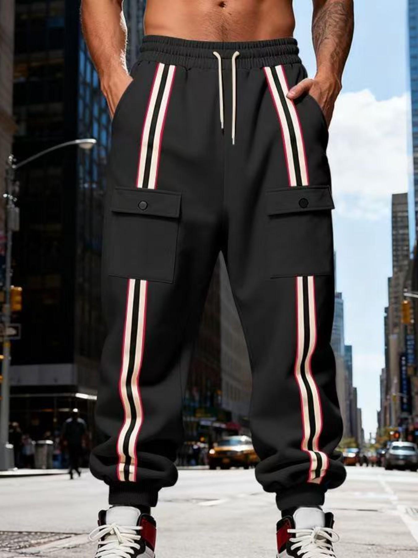 Men's Striped Cargo Jogger Pants, Casual Drawstring Waist Sweatpants, Flap Pockets, Streetwear Track Pants for Men, Comfortable and Stylish