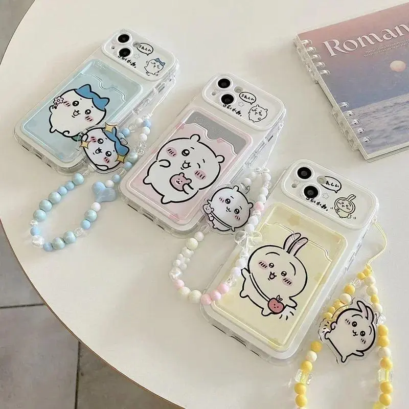 Cute Cartoon Japan Anime Chiikawa Card Wallet Pocket Phone Case For iPhone 16 15 14 13 12 11 Pro Max Cover With Lanyard