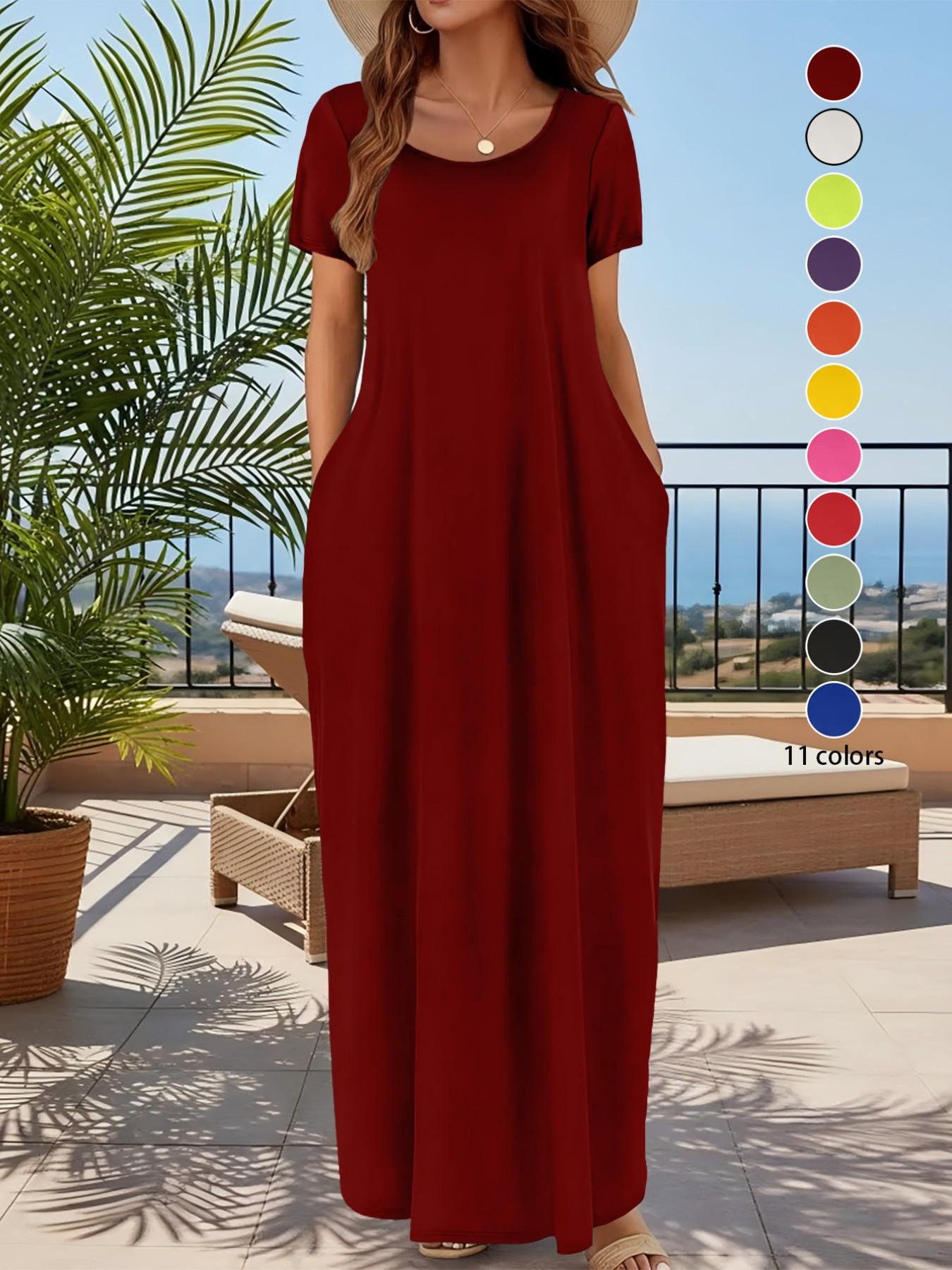 Plus Size Women's Summer Casual Chic Vacation Style Loose Long Dress, 11 Colors Available, Pocket Design Comfortable Breathable Lazy Dress