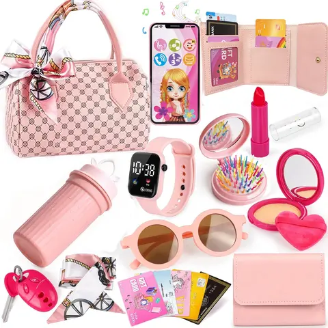 Little Girl Toy Handbag Set with Scarf Design, Includes Makeup Toys, Phone, Water Cup, Watch, Glasses, Cards, Wallet, Perfect Gift for Kids Aged 3+
