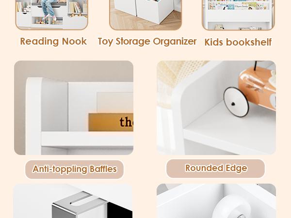 FOTOSOK 72'' Kids Bookshelf with Reading Nook, Large Toy Storage Organizer with Seat Cushion and 3 Movable Drawers, Kids Reading Nook Toy Organizers and Storage with Bench for Playroom