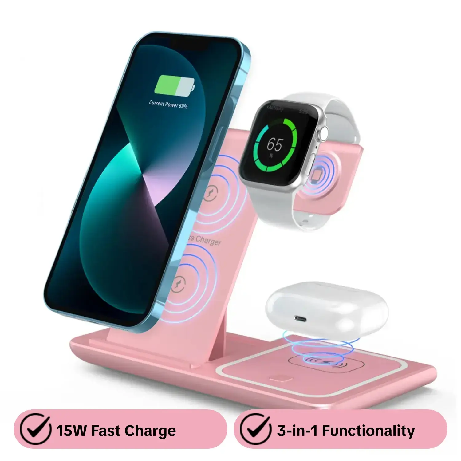 3-in-1 Wireless Charger, 15W Fast Wireless Multifunctional Charging Station with Foldable & Portable Design for iPhone, Samsung Phones, iWatch & AirPods Series, Electronic Gadgets