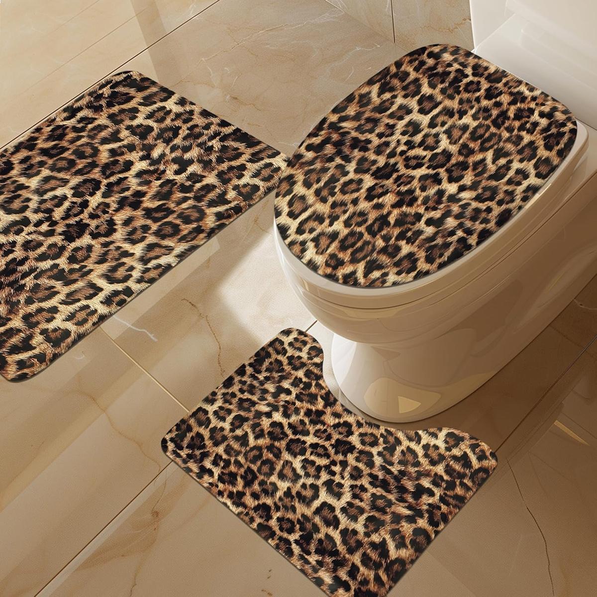 1/4 pcs leopard print shower curtain set, non-slip floor mat, U-shaped carpet, toilet lid cover, perfect for bathroom and Restroom decoration, partition, beautify the space, free 12 shower curtain hooks, Bathroom Decoration Accessories