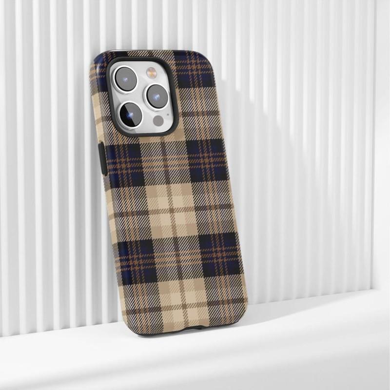 Navy Plaid Phone Case, Classic Tartan Check Cover, Neutral Preppy Aesthetic, iPhone 17 16 15 14 13 12 11 Pro Max, Striped Pattern