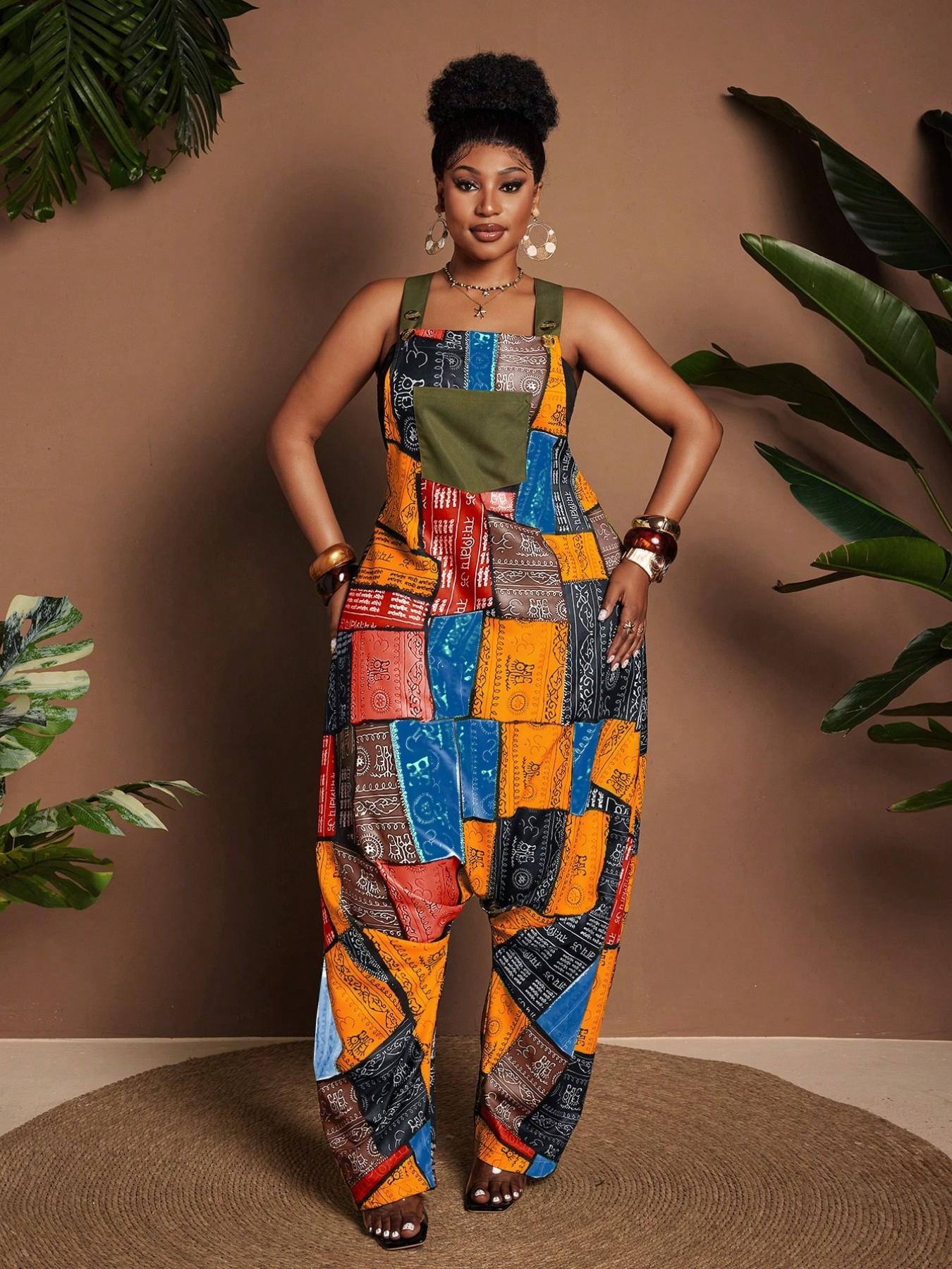 Women's Patch Printed Jumpsuit, Loose Wide Leg Workwear, Bohemian Fashion Style, Ideal for Vacations, Beach Trips, Music Festivals