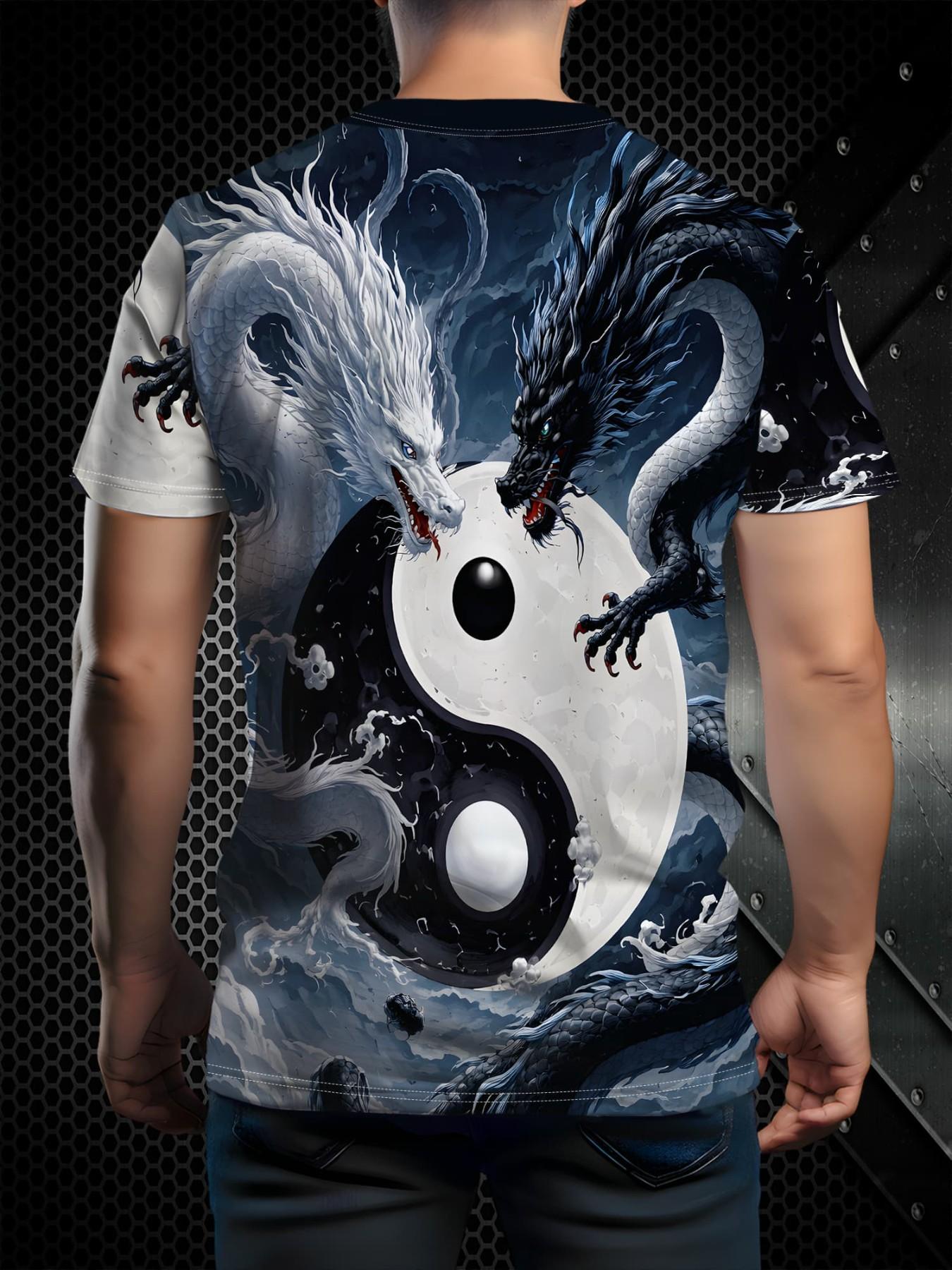 Unisex Quick-Dry Short Sleeve Jersey, Tai Chi & Dragon Design, Casual Fitted Top, Soft Material, Ideal for Outdoor Activities