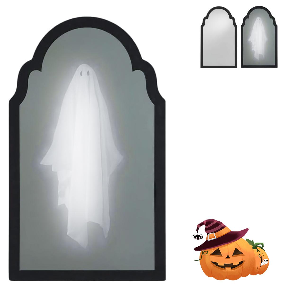 Ghost Mirror Halloween Decor – LED Holographic Ghost Illusion Mirror, 2-in-1 Daytime Mirror Nighttime Ghost, Spooky Tabletop Decoration for Mantel Shelf Party, Creepy Cute Gift for Kids Adults