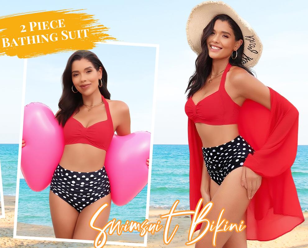 Holipick Women High Waisted Bikini Set Two Piece Tummy Control Swimsuit Halter Top with Bottom Bathing Suit Plus Size Swimsuit for Women Vintage Swimwear Ruffle Swimsuits