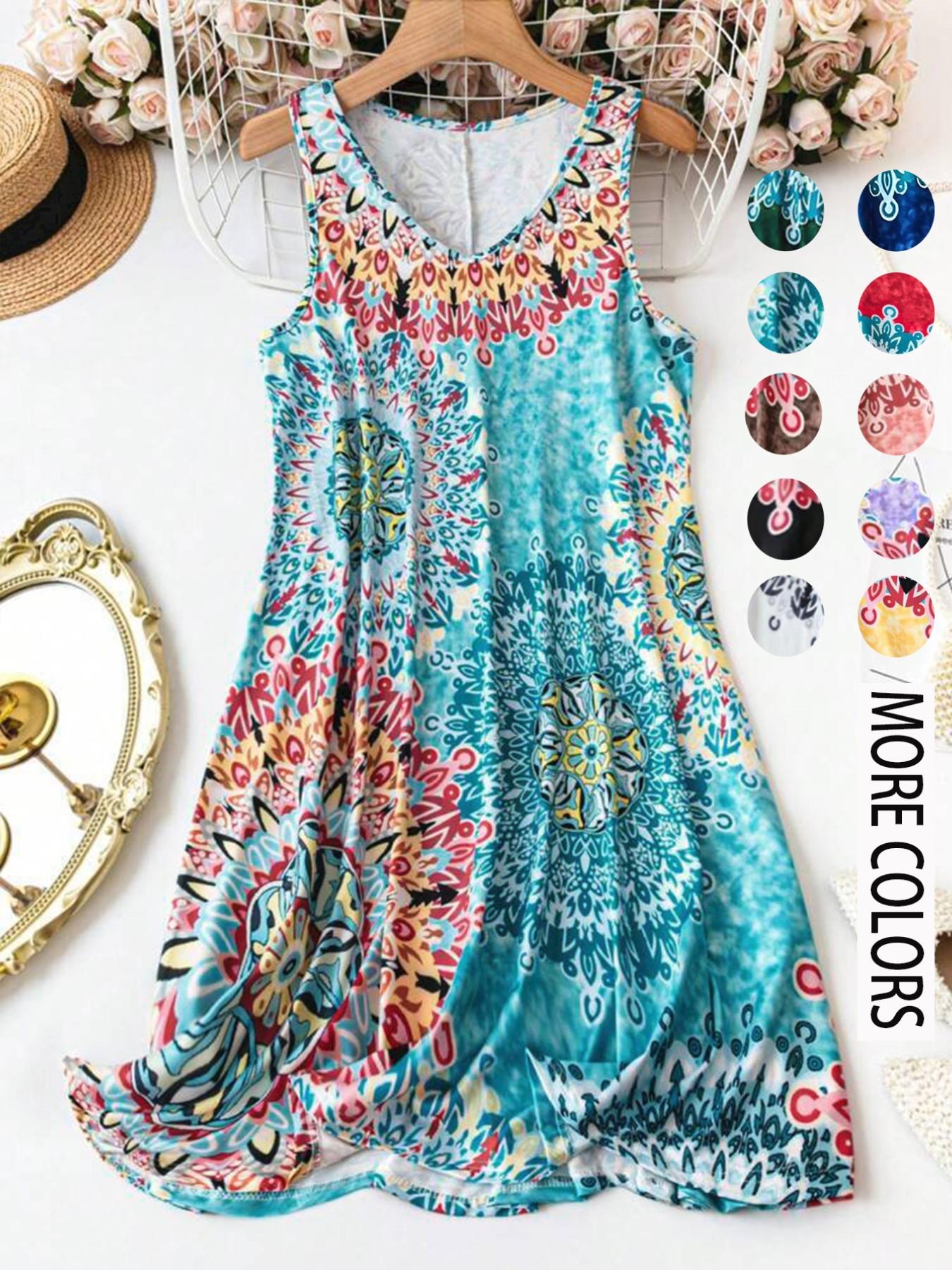 Women's Plus Size All Over Print Tank Dress. Casual Basic Sleeveless Dress. Comfortable and Stylish. Perfect for Vacation and Home Use. Boho. Bohemian