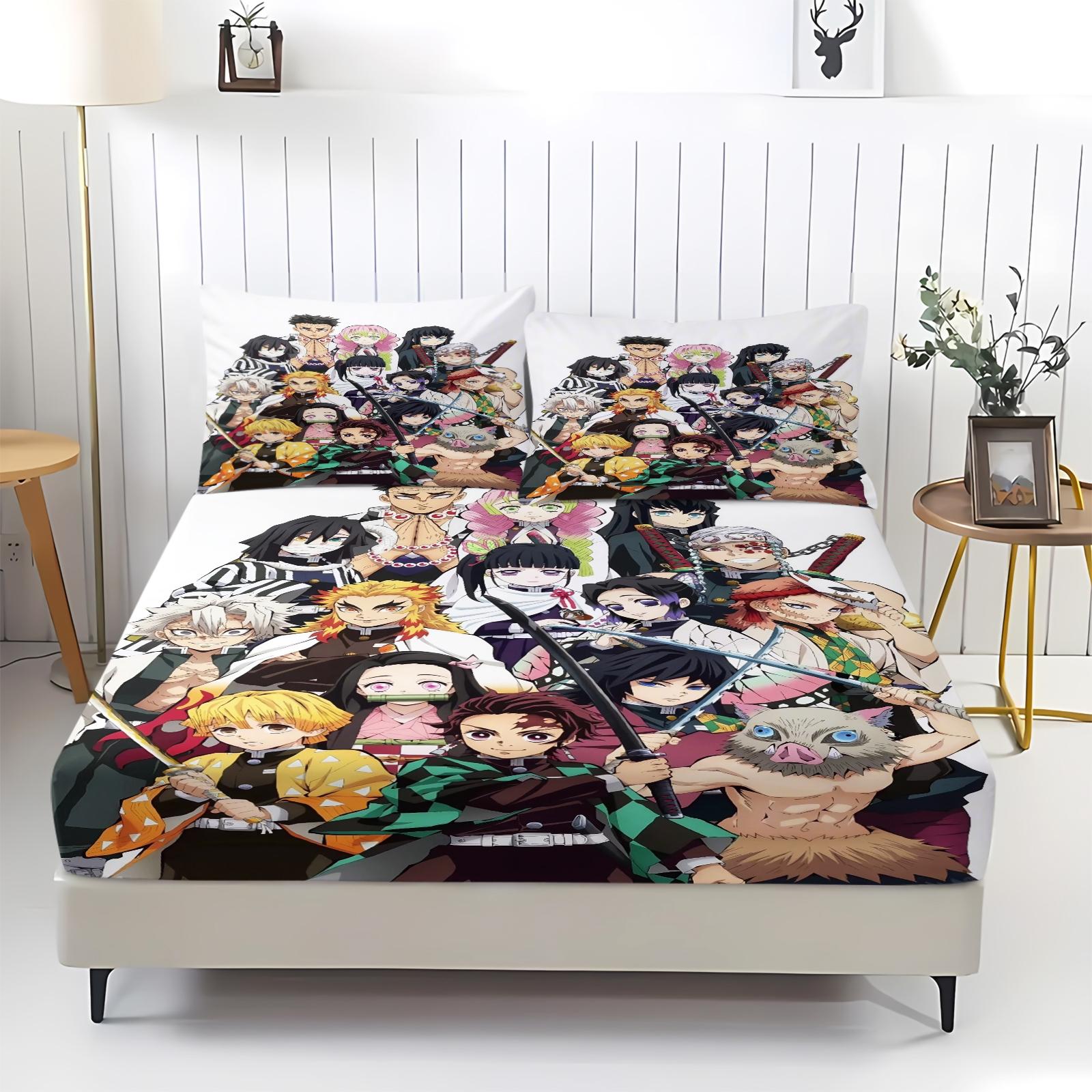 3-Piece Demon Slayer Bedding Set, Comfortable Printed Design, Includes 1 Fitted Sheet & 2 Pillowcases, Non-Slip, Perfect Gift, Bed Sheets