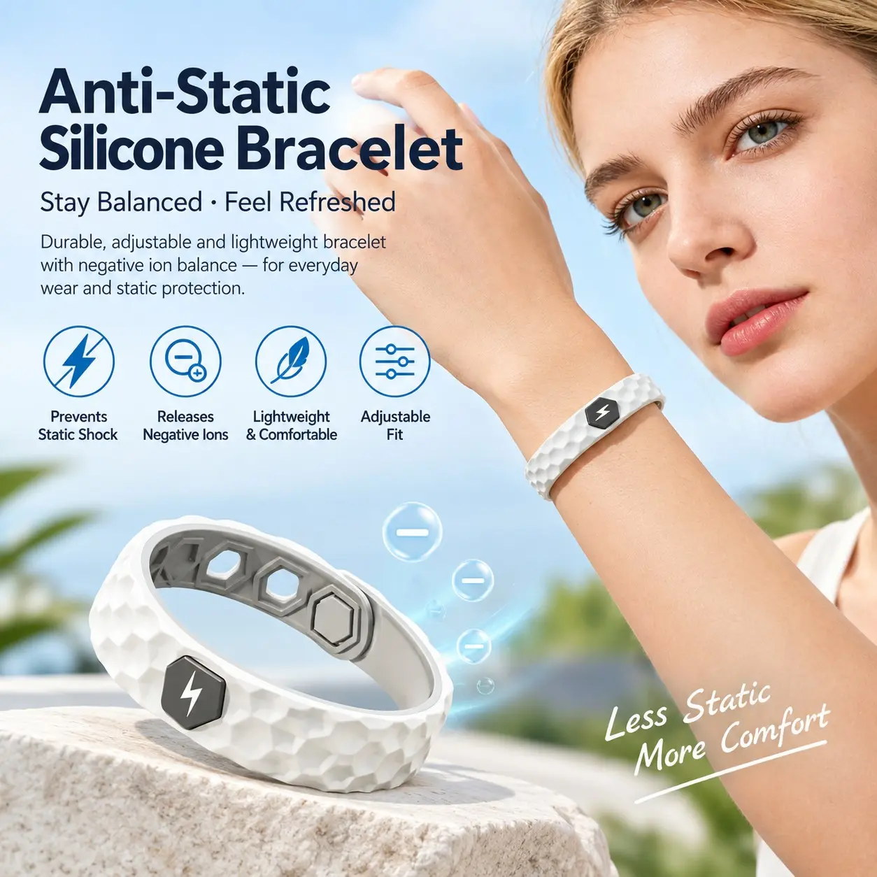 Anti-Static Silicone Bracelet, Adjustable Negative Ion Wristband, Lightweight Static Electricity Protection for Everyday Wear